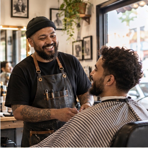 A barber in a black apron laughs with a client in the chair.
