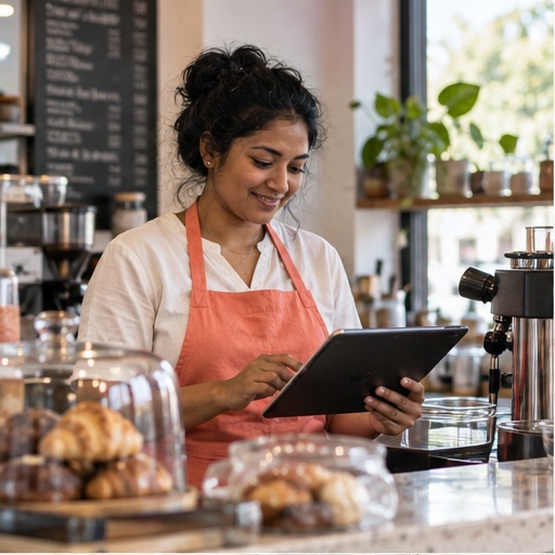 A café owner in a coral apron checks a tablet behind the counter, next to a tray of croissants.