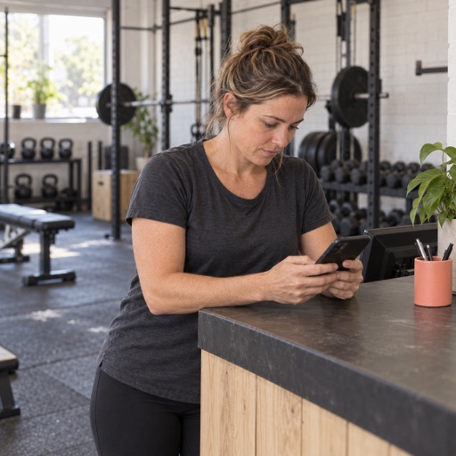 A gym owner in a plain t-shirt leans on the front counter checking her phone, with weight racks behind her.