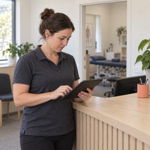 A physiotherapist stands at a clinic reception desk looking at a tablet, with a treatment room visible behind her.